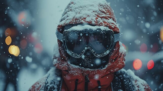 A man in a red jacket and ski goggles is standing on a snowy road