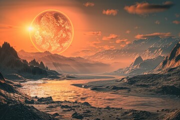 A large planet in the sky above a barren landscape with mountains, valleys and a river. There are few clouds in the sky and the sun is setting.