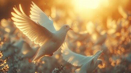 Dove flying in the sunset. Bird on the background of the sun