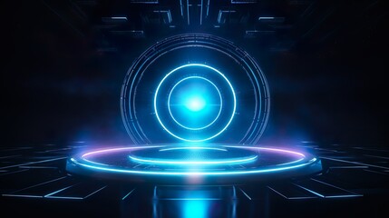 Fototapeta premium Dynamic energy emanates from a futuristic glowing circle in a sci-fi environment with purplish tones