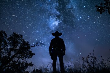 Silhouette of a cowboy under a starry night sky, amidst nature