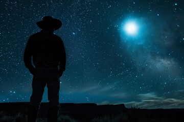Silhouette of a cowboy gazing at the starry night sky in a serene desert landscape
