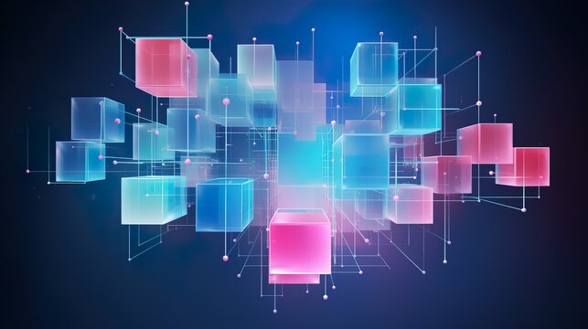 This computer-generated image illustrates a futuristic network with 3D cubes connected by lines, evoking concepts of connectivity and technology