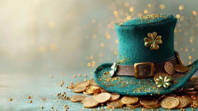 A green Leprechaun hat and gold coins stand out lying on the surface. St. Patrick's Day