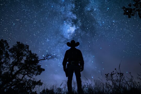 Silhouette of a cowboy under a starry night sky, amidst nature