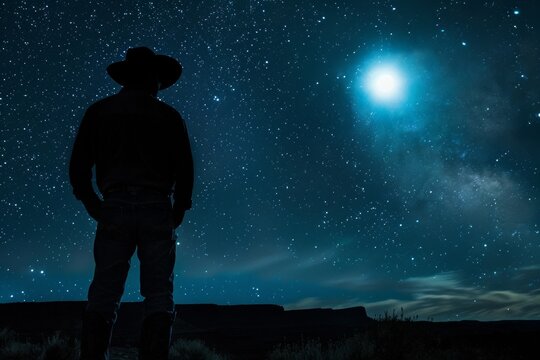 Silhouette of a cowboy gazing at the starry night sky in a serene desert landscape