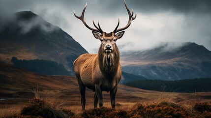 The image captures a serene stag standing amid a misty, mountainous landscape, evoking a sense of calm and wilderness