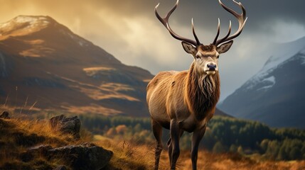 A full-frontal view of a proud stag bathed in golden sunlight against a dramatic mountain backdrop