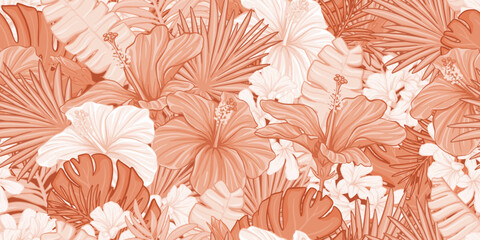Seamless pattern with exotic tropic green leaves and red, pink hibiscus flowers. Endless hawaaiian style print for fabric, wallpaper.