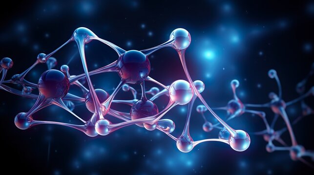 A digital illustration of molecules in blue hues with a glowing effect on a dark background, representing scientific concepts