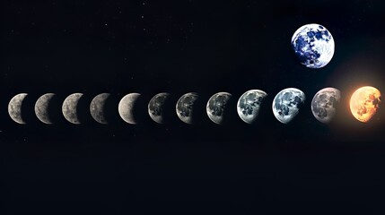 The moon at various phases with Earth in view, set against a cosmic backdrop Highlights the celestial dance of our planet and satellite