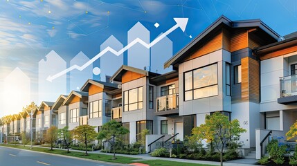 Modern new houses, with an illustration of an arrow going up overlaid on top. House price concept. - obrazy, fototapety, plakaty