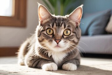 Portrait of a siberian cat with green eyes lying on the floor at home. Fluffy purebred straight-eared long hair kitty. Copy space, close up, background. generated by Ai.