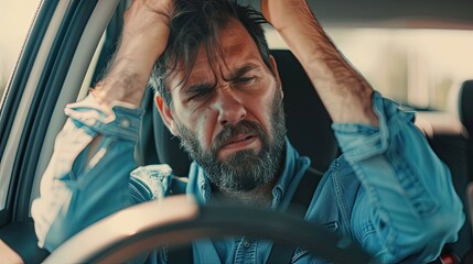 Portrait of an adult male car driver feeling overwhelmed and anxious.