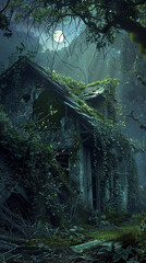 A derelict structure overgrown with vines and moss in a dark forest clearing. 32k, full ultra hd, high resolution