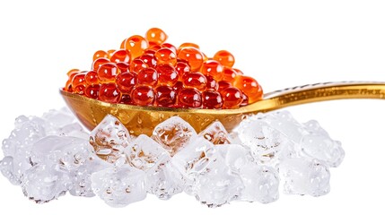 Red Caviar in golden spoon on ice cubes isolated on white background