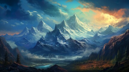 A mesmerizing digital painting of a fantasy mountainous landscape, basked in the twilight glow with dramatic skies