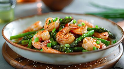 Fototapeta na wymiar Delicious dish with shrimp cooked with vegetables, asparagus and spices.