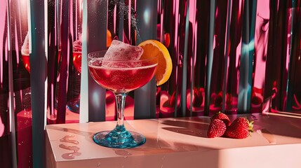 Raspberry cocktail on a table and bright background, retro pop style.