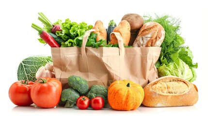 Recycled paper bag with food, fresh vegetables, fruits and bread, on white background.