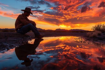 Cowboy reflecting by a water puddle under a vibrant desert sunset - Powered by Adobe
