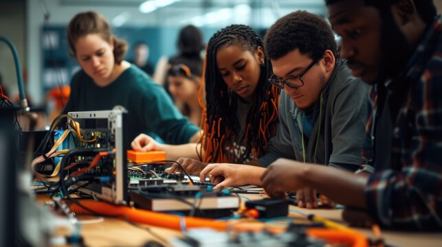 Young engineering students collaborate on an electronics project in a technology lab, soldering circuit boards and sharing ideas. AIG41