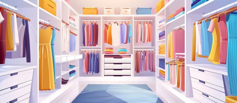 The cartoon shows a closet filled with various clothes and drawers for storage