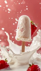 creamy ice cream on a stick on a pink background with strawberries and splashes of cream. summer mood concept.
