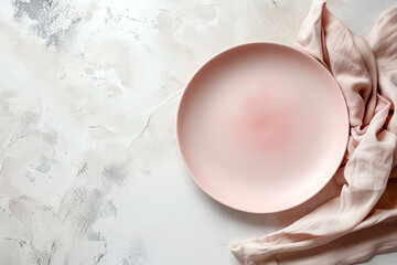 Obraz na płótnie Canvas pink plate with cotton napkin on light beige background