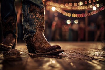 Western flair at a festive barn dance under twinkling lights, detailed cowboy boots on dance floor