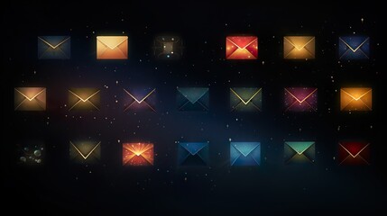 A grid of assorted email envelopes with a space-themed background, denoting organized digital correspondence