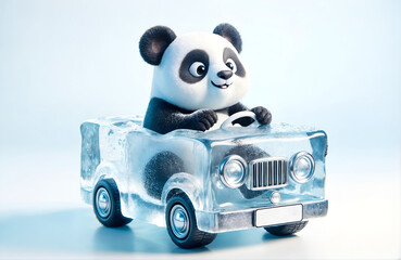 a panda character driving a car designed like an ice cube