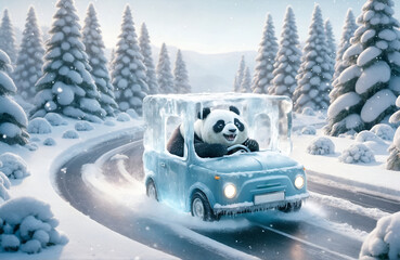 a panda character driving a car designed like an ice cube
