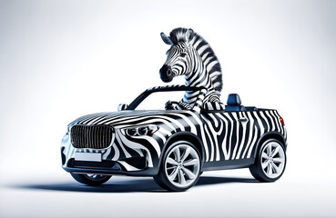 a zebra character driving a car with a zebra print motif