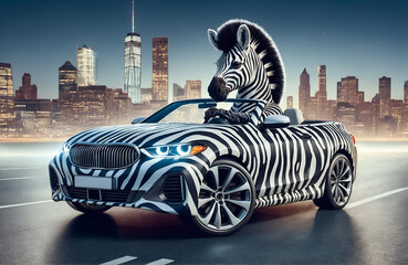 a zebra character driving a car with a zebra print motif