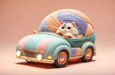 a cat character driving a car designed like a ball of yarn