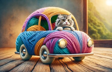 a cat character driving a car designed like a ball of yarn