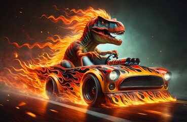 a dinosaur character driving a car with a flame motif