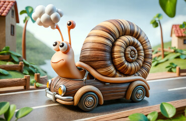 a snail character driving a car designed like a snail shell