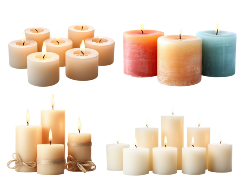 Set of pillar candles with flames illuminated, cut out