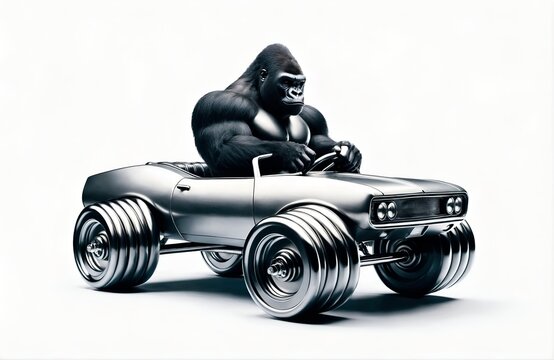 a gorilla character driving a car designed like dumbbells