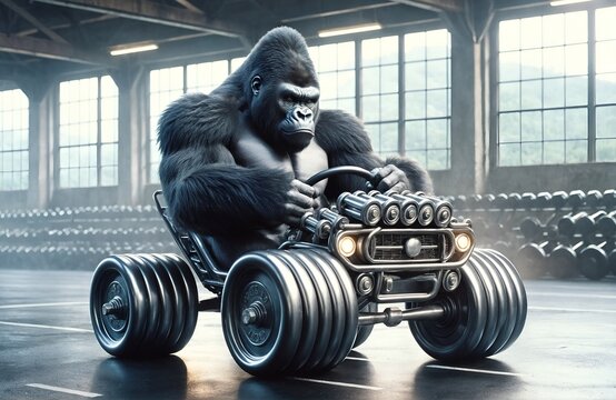 a gorilla character driving a car designed like dumbbells