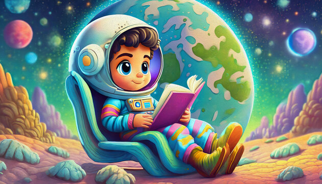 oil painting style CUTE BOY Astronaut sitting in a lawn chair on the moon with earth rising over the horizon
