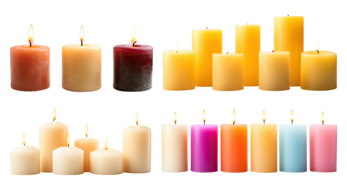 Set of pillar candles with flames illuminated, cut out