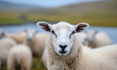 Close up sheep on the blurry North landscape. Organic food concept. Farm and agriculture concept.