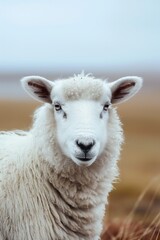 Obraz premium Close up sheep on the blurry North landscape. Organic food concept. Wool production. Farm and agriculture concept with copy space. 
