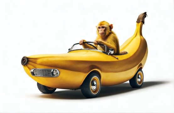 A monkey driving a banana-shaped car