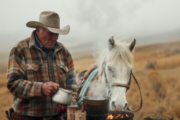 Cowboy preparing coffee on open fire in a vast western landscape with his white horse
