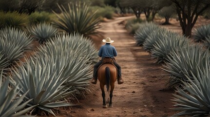 Farmer on his horse walking in his agave seed .Generative AI