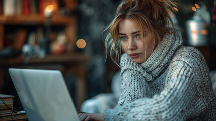 A young Caucasian businesswoman is deeply focused while working on her laptop, sitting in a warm, cozy environment. - obrazy, fototapety, plakaty